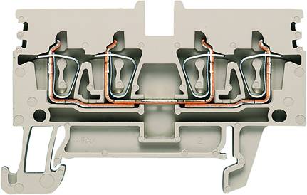 Coupe transversale d'un bloc de bornes électrique gris avec câblage visible et bornes de connexion, montrant la structure interne.