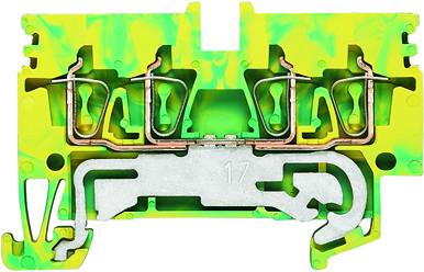 Un bloc de bornes électrique vert avec des éléments jaunes et métalliques, montrant des connexions de câbles internes et des mécanismes de fixation.