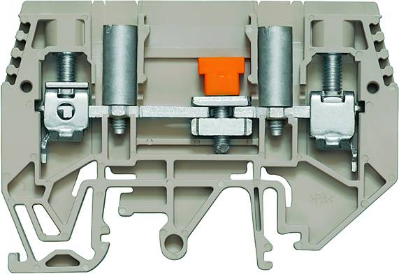 Une borne électrique à vis en série, avec un boîtier gris, montrant les mécanismes internes de fixation du câble.