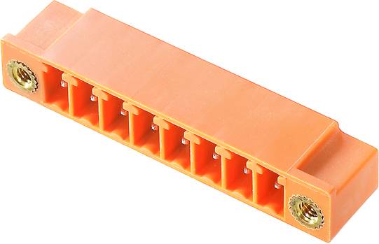 L'image montre un connecteur rectangulaire orange avec plusieurs broches, utilisé dans les circuits électriques.