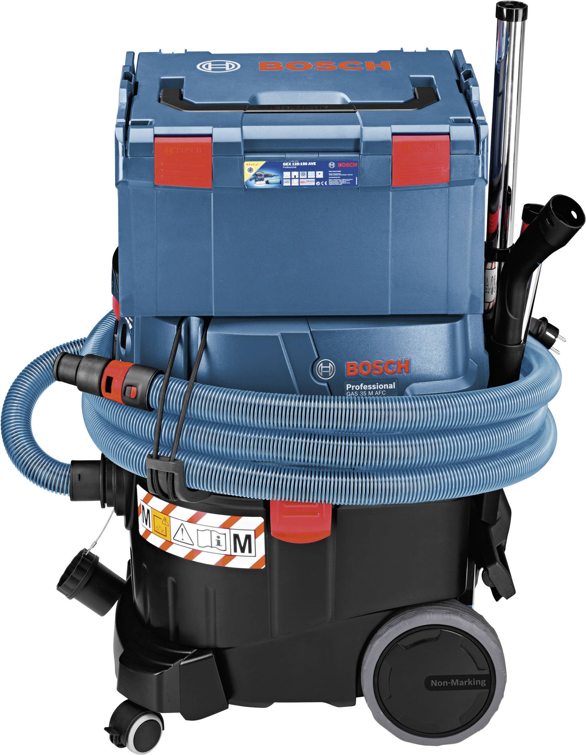 Aspirateur industriel Bosch avec boîte bleue, tuyaux et roues. Adapté aux travaux de nettoyage professionnels.