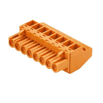Connecteur en plastique orange à huit broches, adapté pour les connexions et assemblages électriques.