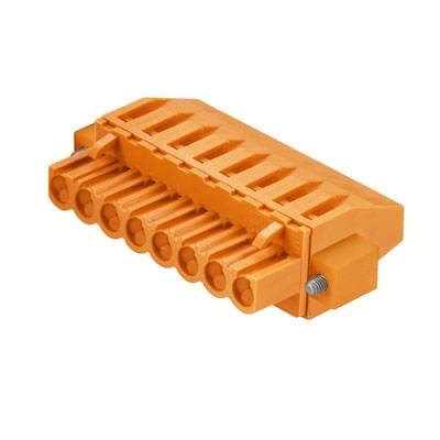 Pince de connexion en plastique orange avec plusieurs trous de raccordement et deux vis de fixation, utilisée pour des connexions électriques.