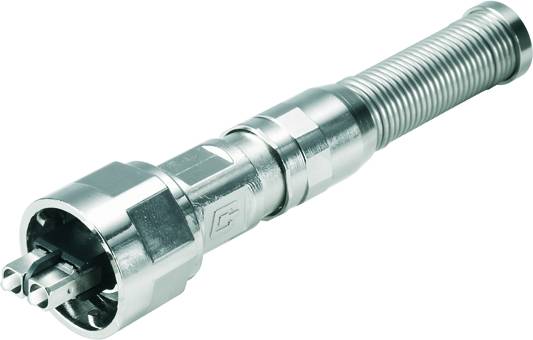 Un connecteur hydraulique haute pression argenté à trois broches avec une extrémité de flexible nervurée.