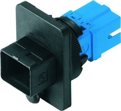 Couplage de connecteur en plastique de couleur noire et bleue, compatible avec des applications techniques en électrotechnique.