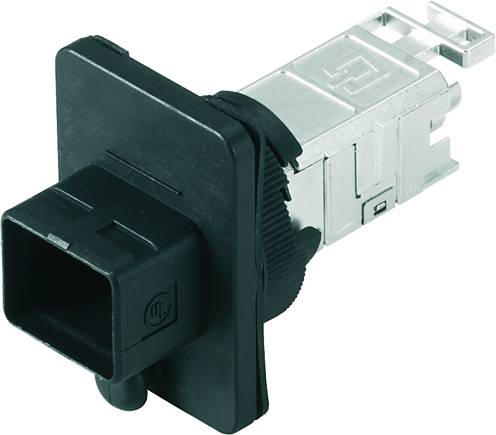 Un connecteur rectangulaire avec une partie en plastique noir et un boîtier métallique argenté.