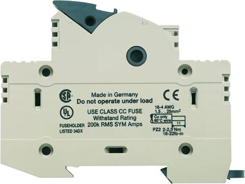 Appareil électronique portant l'inscription : « Fabriqué en Allemagne. Ne pas utiliser sous charge. Utiliser un fusible de classe CC. Capacité de résistance 200k RMS Sym Ampères. »