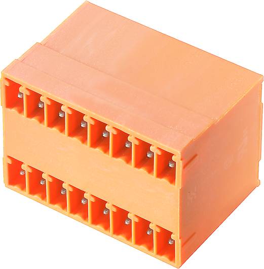 Un bloc en plastique orange avec deux rangées de connecteurs électriques enfichables, adapté aux applications de câblage.