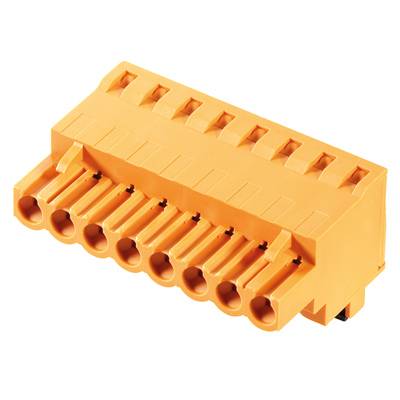 Une fiche électrique orange à dix broches, probablement partie intégrante d'un système de connexion électronique plus large.