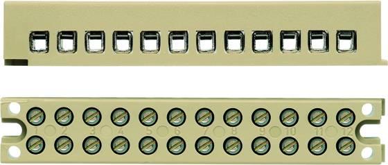 Barrette multiprise couleur ivoire avec 12 prises et bornes à vis, numérotées de 1 à 12