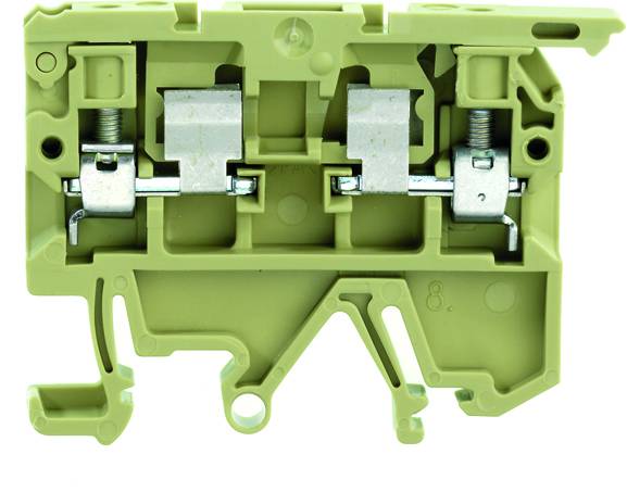Boîtier de bloc de bornes électrique vert avec deux vis métalliques et des bornes pour le câblage.