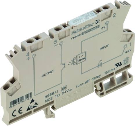 Un composant électronique gris de Weidmüller, conçu pour un montage sur rail de support. Il présente des bornes d'entrée et de sortie.