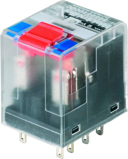 Un relais électromagnétique transparent avec un interrupteur rouge en haut et plusieurs broches de connexion à la base.