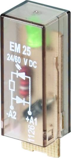 Relais électrique portant l'inscription 'EM 25 24/60 V DC', affichant des symboles de circuit électrique, avec un voyant LED vert en haut.