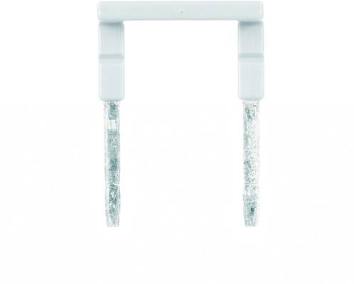 Support de fusible métallique à deux broches, relié en haut par un pont en plastique blanc, sur fond blanc.
