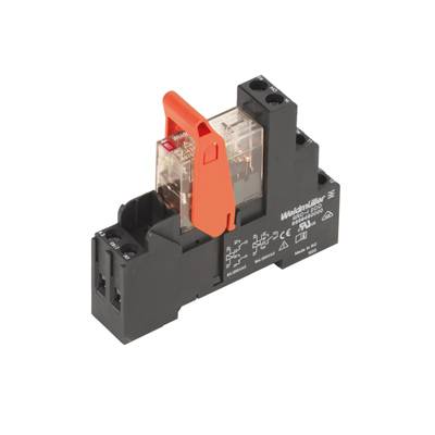 Un module relais avec un boîtier en plastique transparent et un interrupteur orange, de la marque Weidmüller, sur un fond blanc.