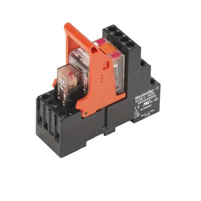 Un module relais électrique avec base noire et couvercles transparents de protection. Il dispose de leviers orange pour un accès facile.