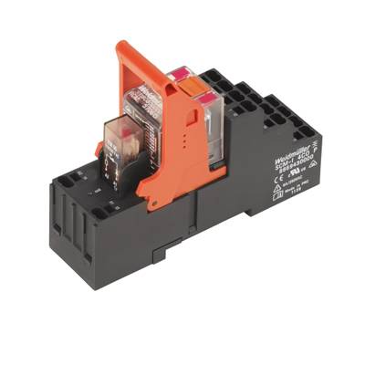 Relais électrique rectangulaire noir avec un levier orange sur le dessus, monté sur un support.
