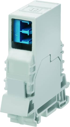 Un connecteur électrique gris pour montage sur rail DIN avec une prise femelle bleue, principalement utilisé pour le câblage dans les armoires électriques.