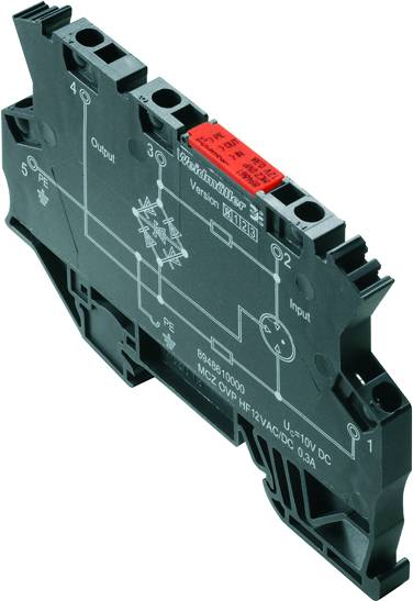 Module de relais électronique avec plusieurs points de connexion et un commutateur rouge sur un côté. Adapté pour des applications en 12V AC/DC.