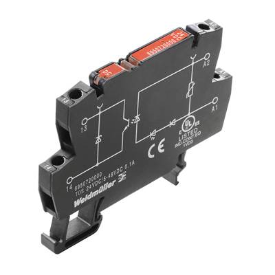 Un contacteur électrique étroit et noir avec des composants rouges. Les marquages et les données techniques sont indiqués sur la surface.