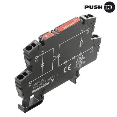 Module de relais électrique noir de Weidmüller avec l'inscription 'PUSH IN'. Affiche un schéma de câblage et des spécifications techniques.