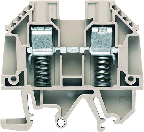 Pince grise avec ressorts métalliques et supports, montrant l'intérieur d'un élément de connexion électrique pour le câblage.