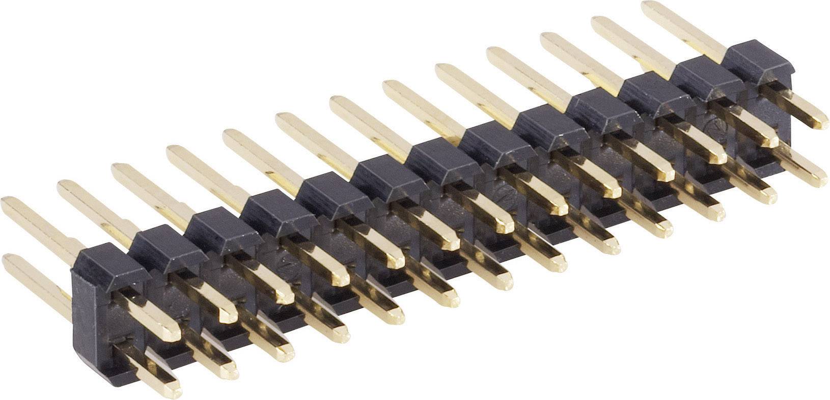 Une barrette de broches unique avec plusieurs broches dorées alignées, généralement utilisée pour les connexions électroniques sur les circuits imprimés.