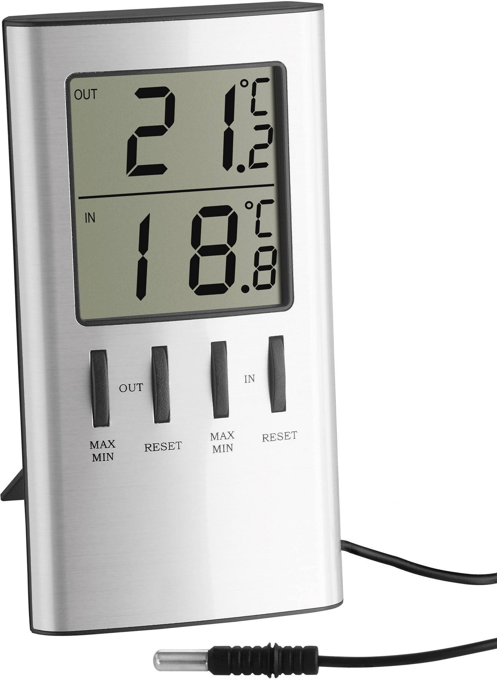 Thermomètre numérique avec deux affichages : température extérieure (21,2°C) et température intérieure (18,8°C). Deux touches de réinitialisation et capteur avec câble.