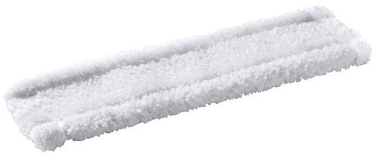Un embout de serpillière rectangulaire en microfibre blanc, adapté aux nettoyeurs de sol, révèle sa texture duvetée en gros plan.