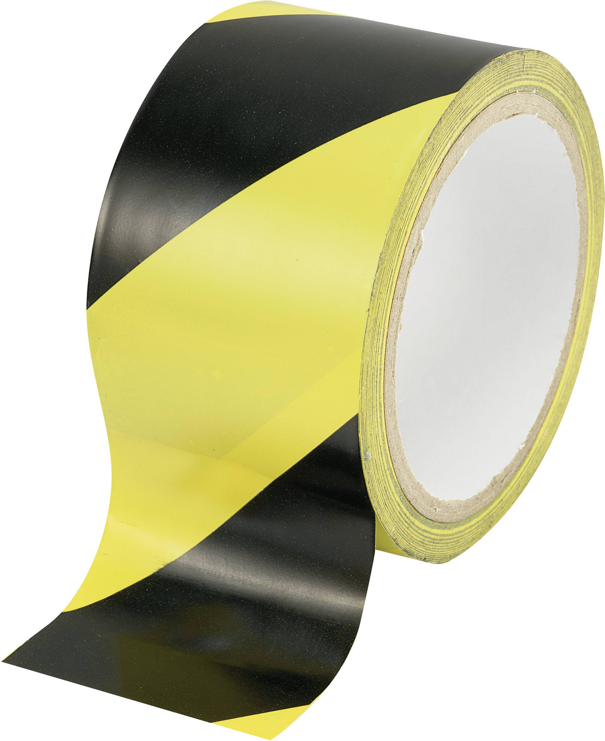 Ruban de signalisation noir et jaune, rayé en diagonale, enroulé ; sert à marquer des zones de danger ou à délimiter un périmètre.