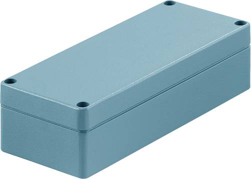 Boîtier rectangulaire bleu clair avec des angles arrondis et quatre trous de vis dans les coins.