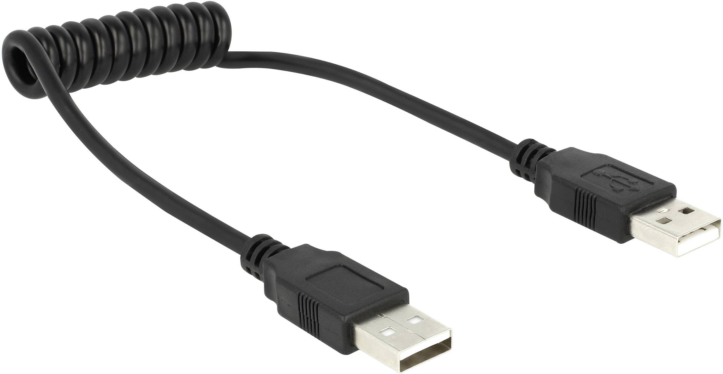 Câble USB noir avec un ressort en son milieu, muni de deux connecteurs USB à ses extrémités. Idéal pour des connexions flexibles.