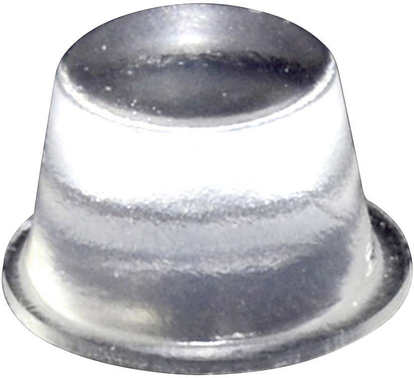 Un bouton métallique cylindrique argenté à surface légèrement bombée, généralement utilisé pour les circuits électriques ou les appareils électroniques.