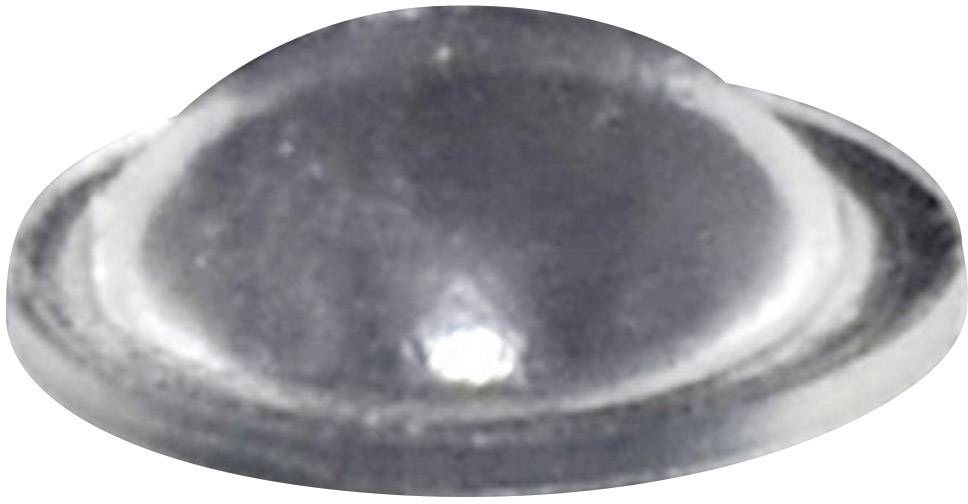 Un bouton métallique argenté, de forme légèrement bombée, légèrement réfléchissant, sur un fond blanc.