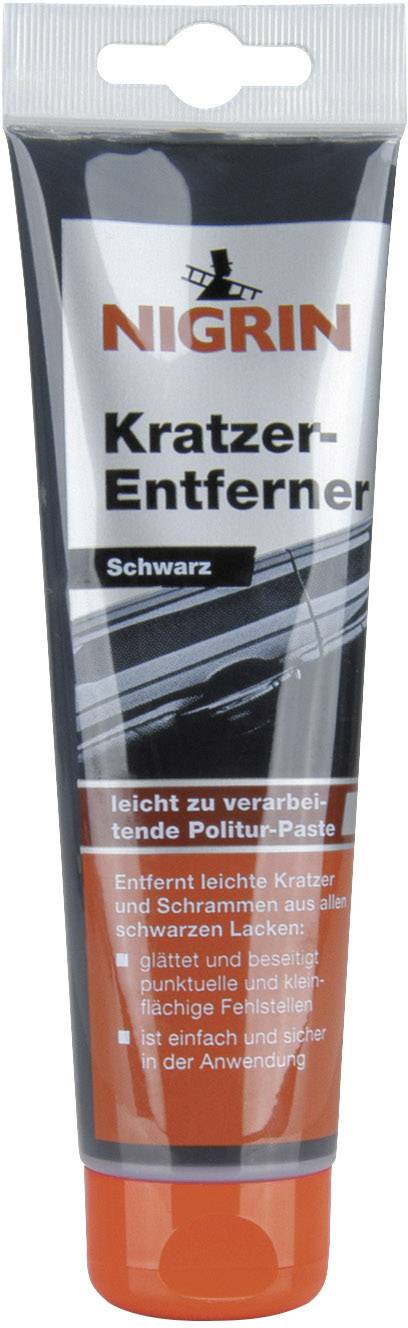 Tube noire 'Nigrin Efface-Rayures'. Élimine les rayures sur la peinture noire. Pâte de polissage facile à utiliser pour automobiles.