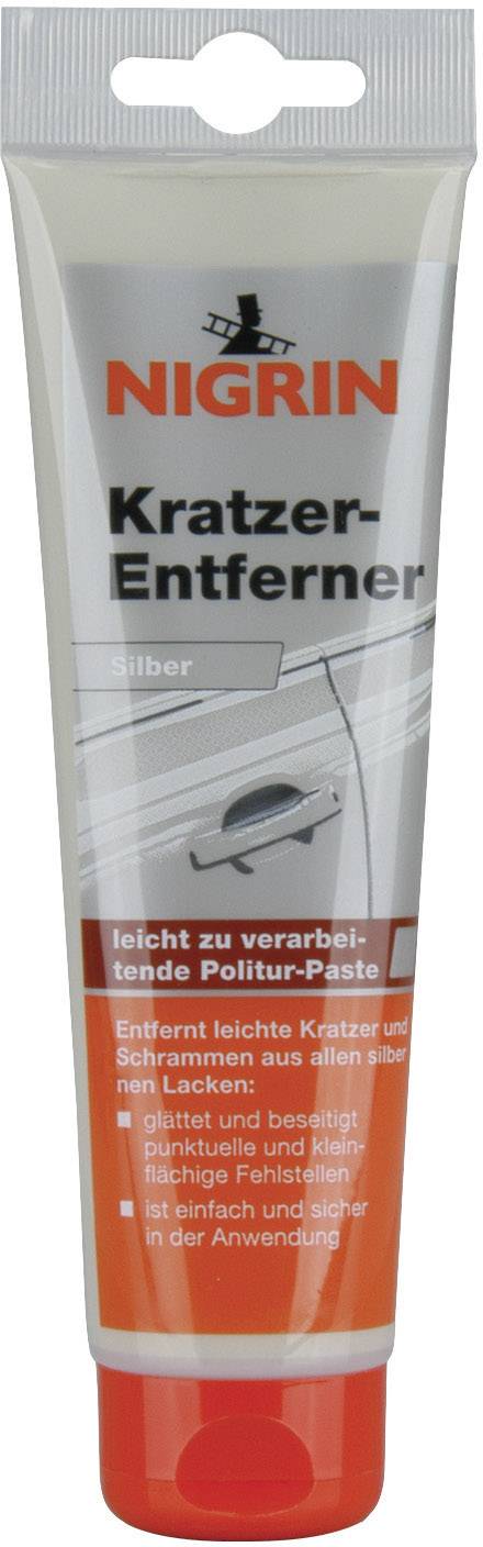 Tube de 'Nigrin Élimination de Rayures' en argent. Élimine les légères rayures sur les peintures automobiles. Application facile selon l'emballage.