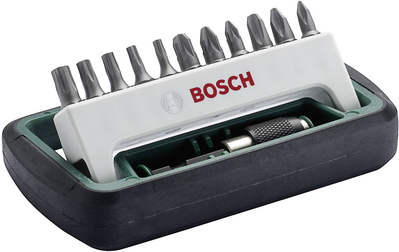 Coffret de tournevis Bosch avec différents embouts dans un support compact, adapté aux travaux de vissage polyvalents.