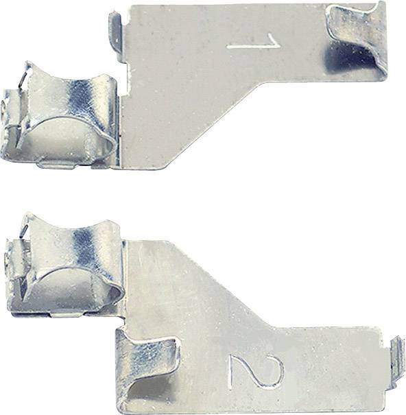 Deux agrafes métalliques plates portant les numéros '1' et '2'. Elles sont rectangulaires avec des bords arrondis et de petites roues à leurs extrémités.