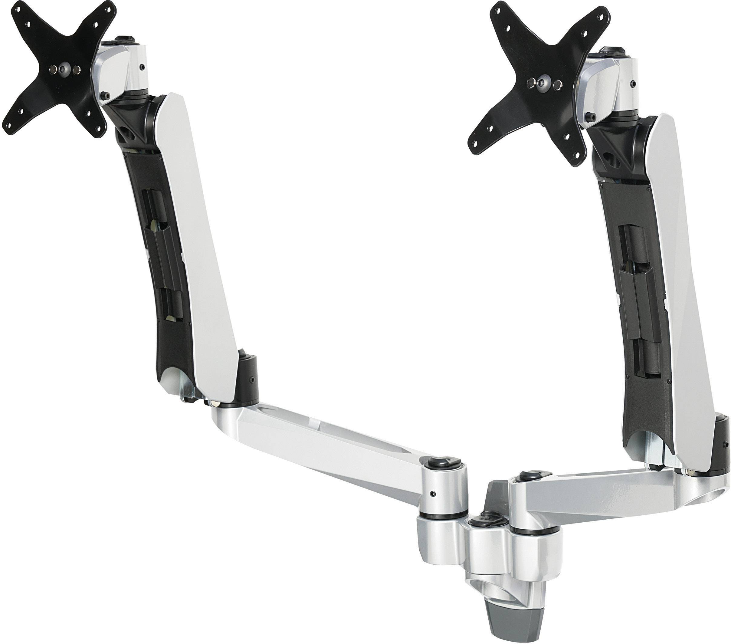 Un bras de moniteur double avec supports réglables en argent et noir, adapté pour fixer deux écrans sur un bureau.