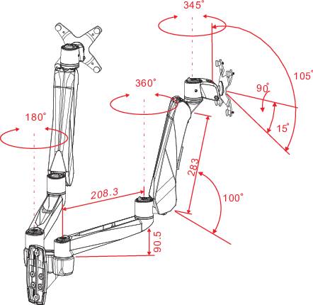 Bras mécanique avec plusieurs articulations rotatives et des angles de mouvement précis ; illustrant flexibilité et portée.