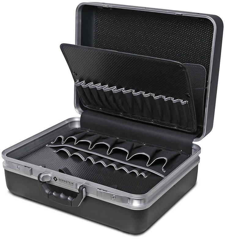 Mallette à outils noire pliante avec plusieurs compartiments et fixations élastiques à l'intérieur pour le rangement des outils.