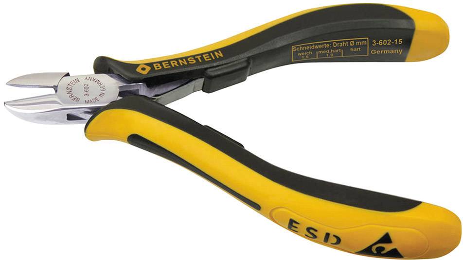 Coupe-câbles latéral jaune et noir de la marque Bernstein, antistatique (ESD), avec marquage allemand sur la poignée ; adapté aux travaux électroniques de précision.