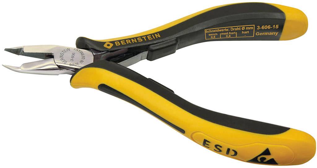 Une pince coupante latérale jaune et noire portant les inscriptions 'BERNSTEIN' et 'ESD', adaptée pour couper précisément de petits fils.
