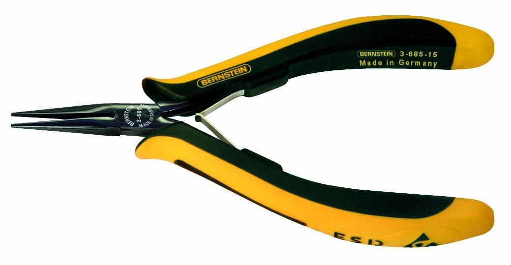 Pince à bec pointu à tête noire et manche jaune, avec l'inscription 'Made in Germany'. Adaptée aux travaux de précision et aux applications de mécanique fine.