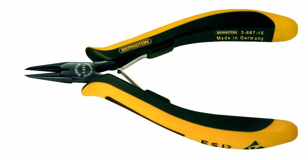 Pince électronique à poignée noire et jaune, portant l'inscription 'BERNSTEIN - Made in Germany'. Idéale pour des travaux de précision.
