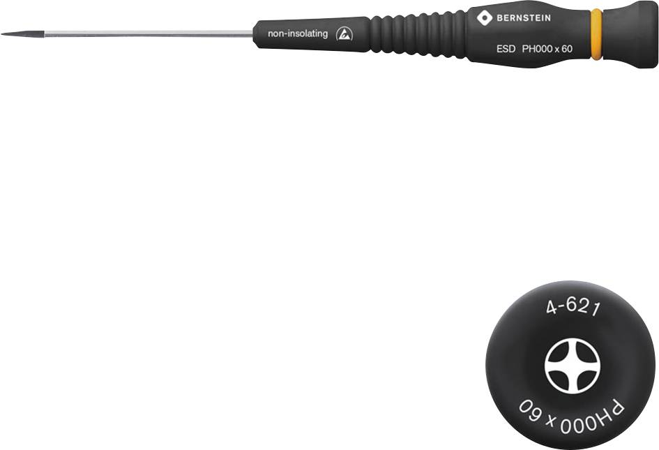 Tournevis Bernstein ESD PH000 x 60 avec protection amovible. Principalement noir, manche au design ergonomique. Idéal pour des travaux précis sur des composants électroniques.