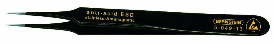 Pince à épiler en acier inoxydable noir, antimagnetique, portant l'inscription 'anti-acid ESD'. Adaptée aux travaux électroniques délicats.