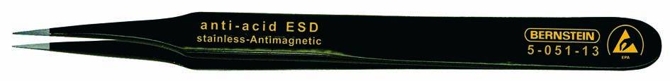 Pince de précision noire, antimagnetique, à pointe fine, marquée 'anti-acid ESD', adaptée aux travaux délicats.