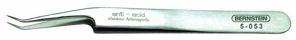 Pince à épiler en acier inoxydable à pointes courbées, marquée 'anti-acid'. Marquage 'Bernstein 5-053' visible dessus.